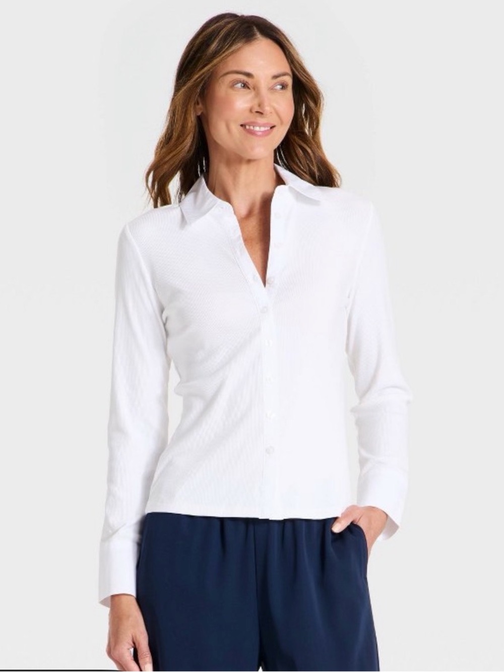 A New Day Ribbed Collared Button-Up Top White Button Down Shirt Size Medium NWT